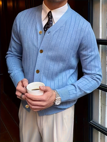 Kessoro Men's Classic Button-Up Knit Cardigan in white, sky blue and black - men's apparel, view 1 of 13