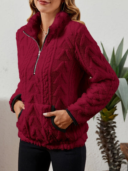 Kessoro women's plush textured half-zip pullover in burgundy, grey, pink, white, khaki, purple and blue - product view 3