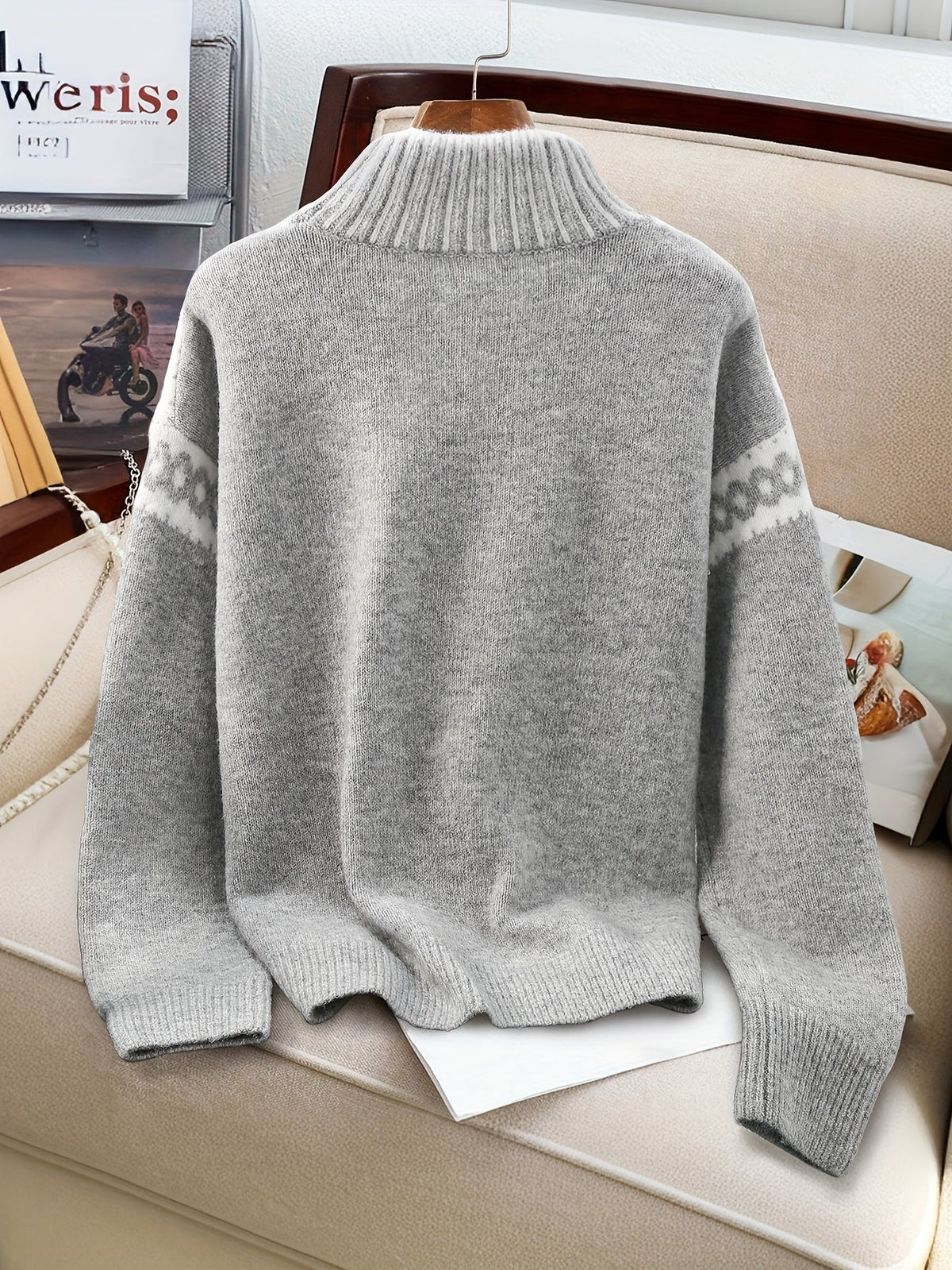Kessoro women's contrast-trim mock neck knit sweater in dark grey and grey