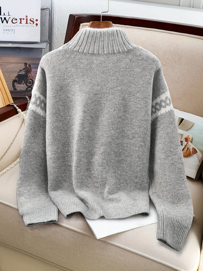 Kessoro women's contrast-trim mock neck knit sweater in dark grey and grey