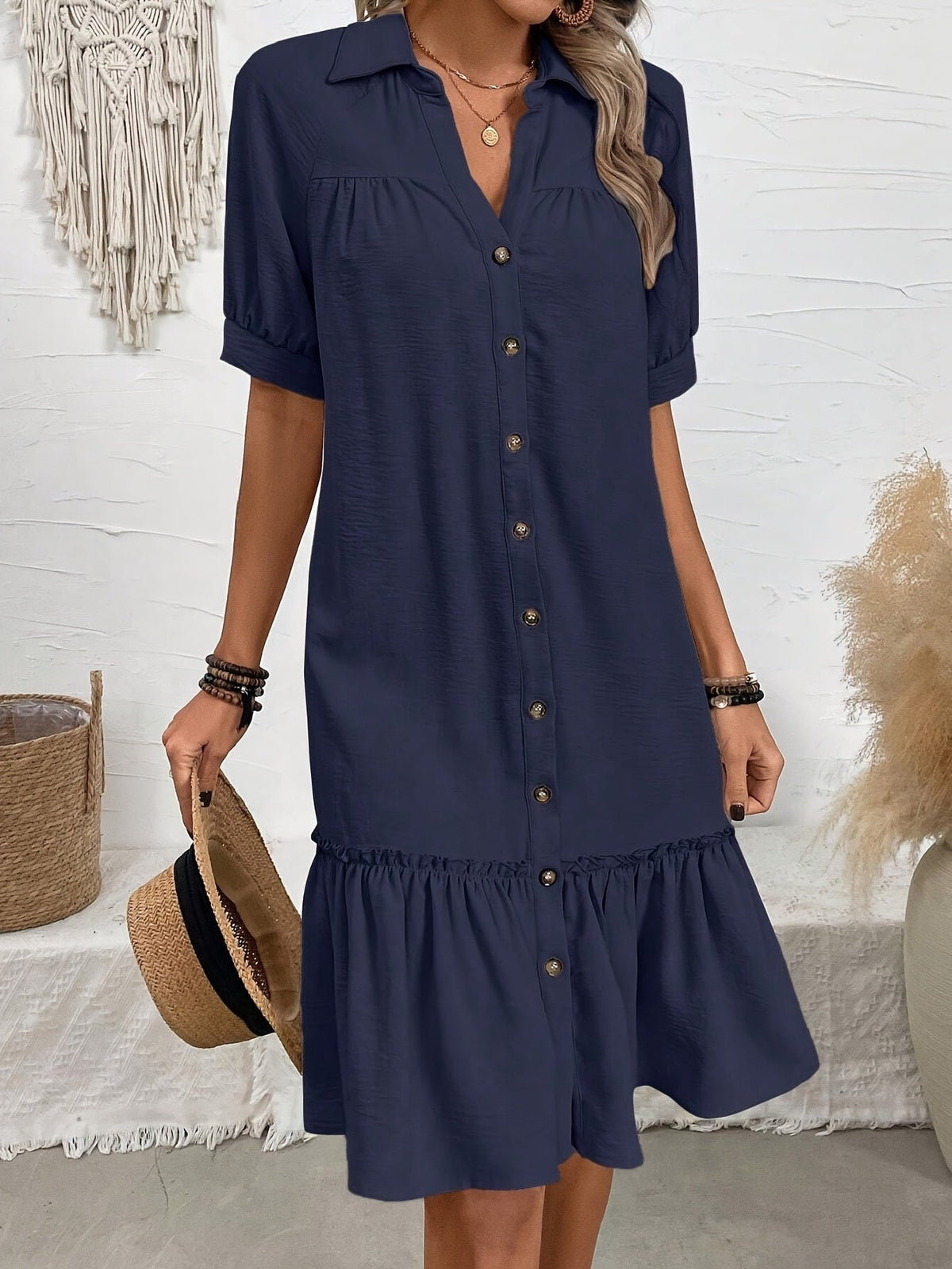 Women's button-front boho midi dress with pleated hem and rolled half sleeves