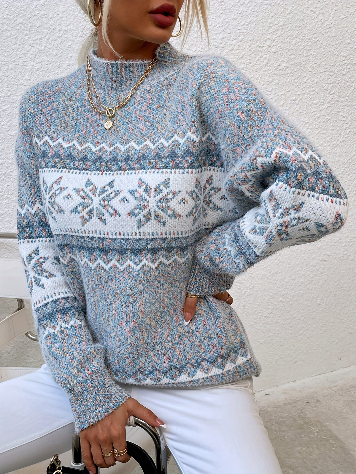 Kessoro women's snowflake mock-neck knit sweater in grey, pink or blue, view 3 of 23