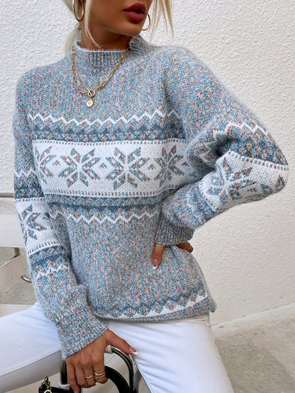 Kessoro women's snowflake mock-neck knit sweater in grey, pink or blue, view 3 of 23