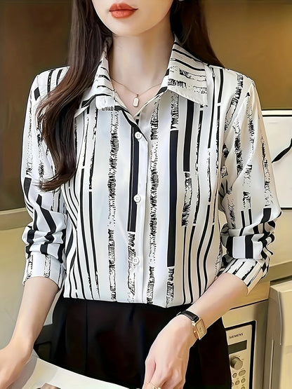 Kessoro Women's Striped Lapel Collar Button-Up Blouse in blue, sky blue, tangerine and other colourways — full-length view