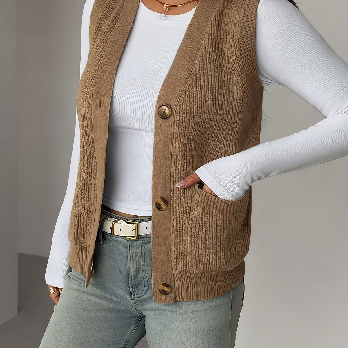 Kessoro women's buttoned V-neck knit vest with front pockets in soft neutral colourways