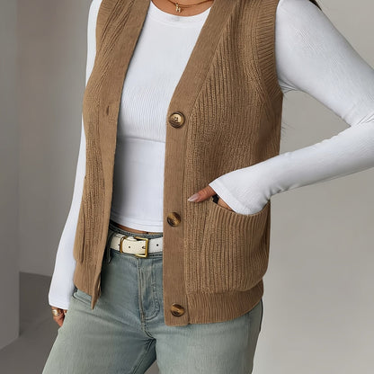 Kessoro women's buttoned V-neck knit vest with front pockets in soft neutral colourways
