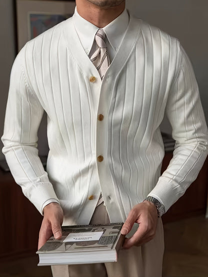 Kessoro Men's Ribbed Button-Up Knit Cardigan in white, sky blue and black, image 3 of 18.