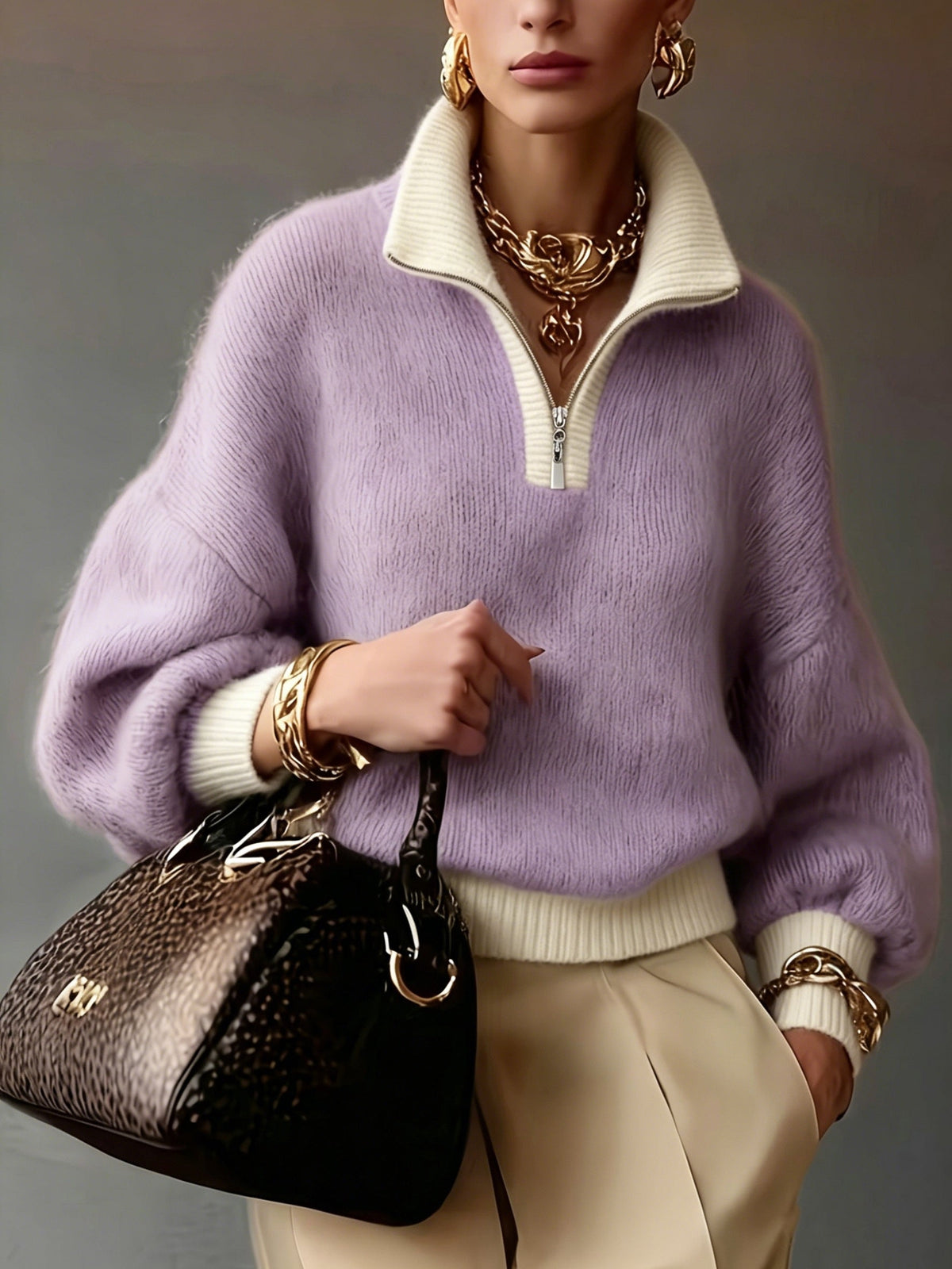 Women's relaxed half-zip ribbed sweater in khaki and lavender, colour option 1 side view