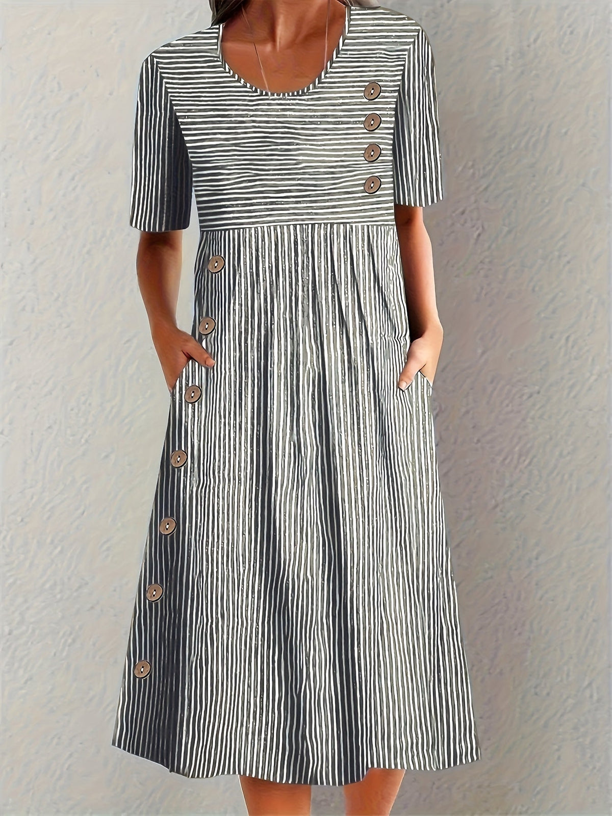Women's striped relaxed summer dress in blue, black and beige