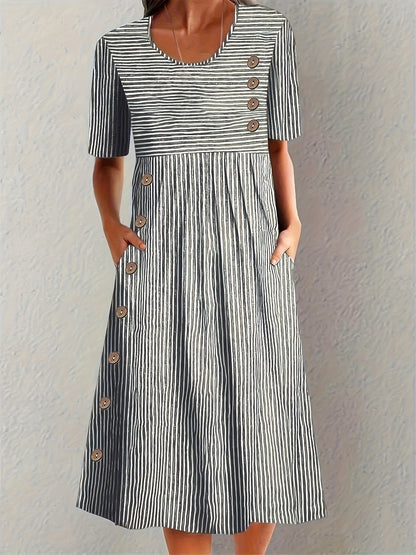 Women's striped relaxed summer dress in blue, black and beige