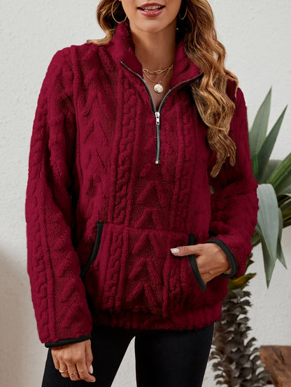 Kessoro women's plush textured half-zip pullover in burgundy, grey, pink, white, khaki, purple and blue - product view 6