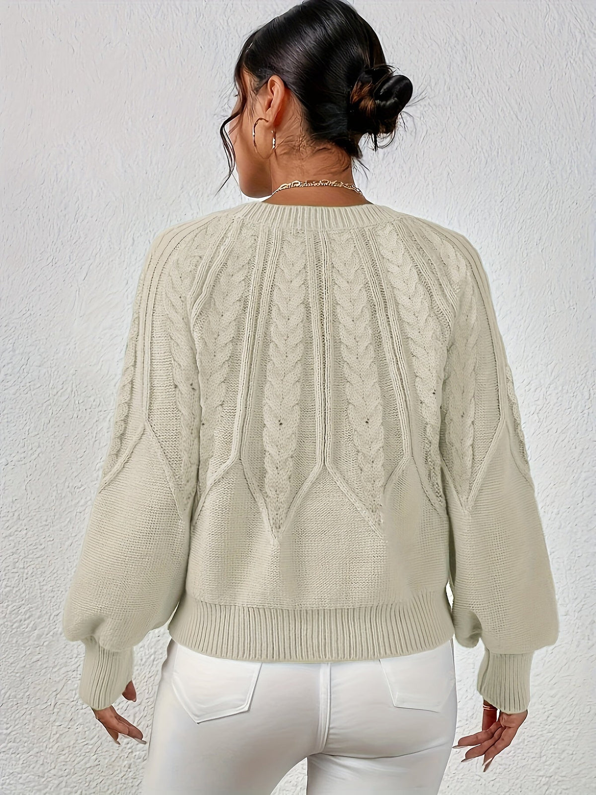 Kessoro women's relaxed cable-knit lantern-sleeve sweater in matcha, beige, burgundy, navy and camel