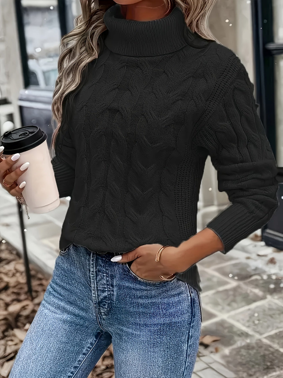 Kessoro women's cable-knit turtleneck sweater in red, black, grey, royal blue, violet, white and pink - product view 8