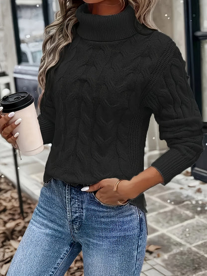 Kessoro women's cable-knit turtleneck sweater in red, black, grey, royal blue, violet, white and pink - product view 8