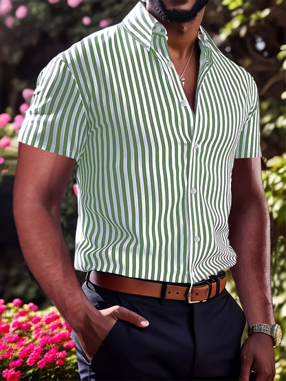 Kessoro men's striped short sleeve button-up shirt in pink, yellow-green and blue – view 1