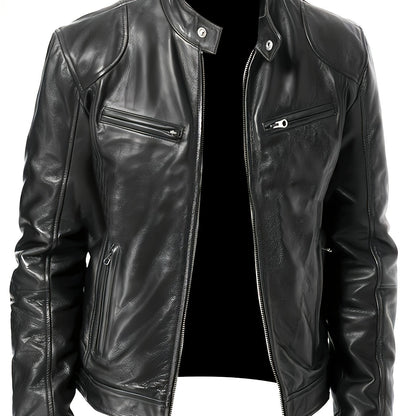 Kessoro men's stand-collar zip-front moto jacket in black and coffee brown - product view 1