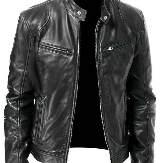 Kessoro men's stand-collar zip-front moto jacket in black and coffee brown - product view 1