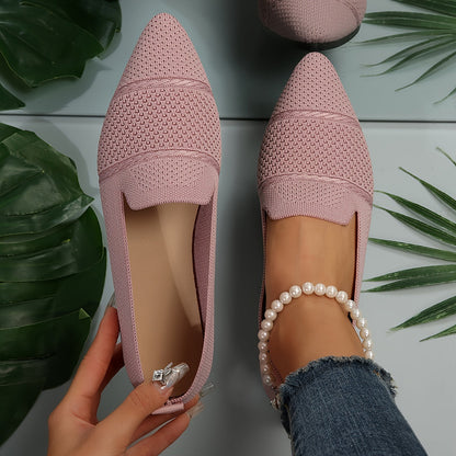 Women's pointed-toe knit slip-on flats in pink and black, view 2