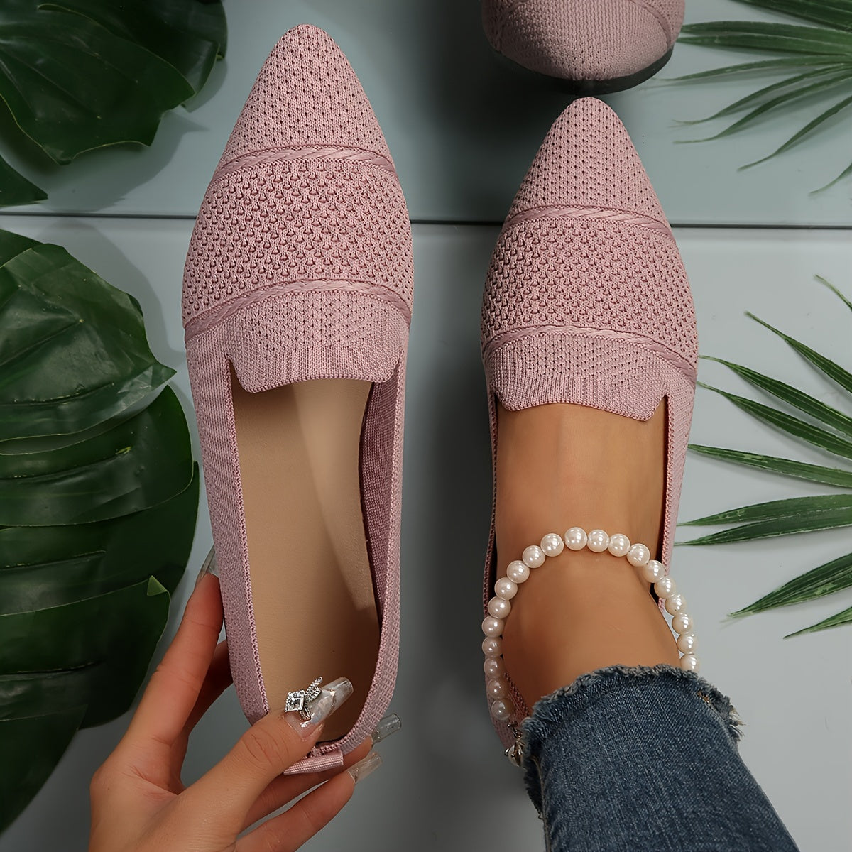 Women's pointed-toe knit slip-on flats in pink and black, view 3