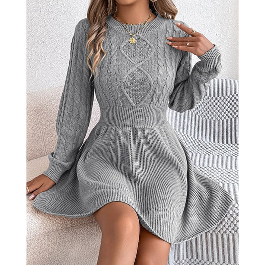 Kessoro women's cable-knit crew-neck sweater dress with a defined waist and flared skirt