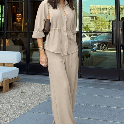 Women's relaxed lapel top and drawstring wide-leg pants set in coffee brown, burgundy, khaki and black, view 8