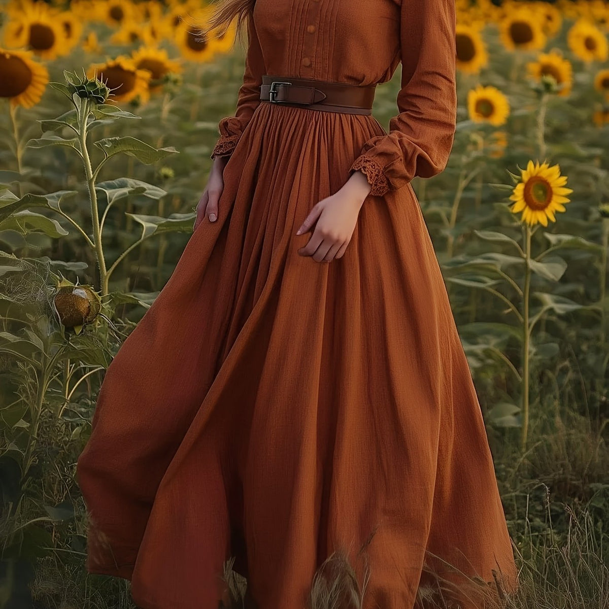Kessoro women's vintage pleated stand-collar maxi dress in orange red – view 3