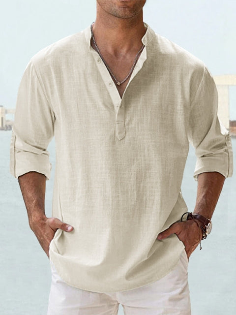 Men's breathable tailored button-up shirt in a neutral and pastel colour range, shown for menswear styling