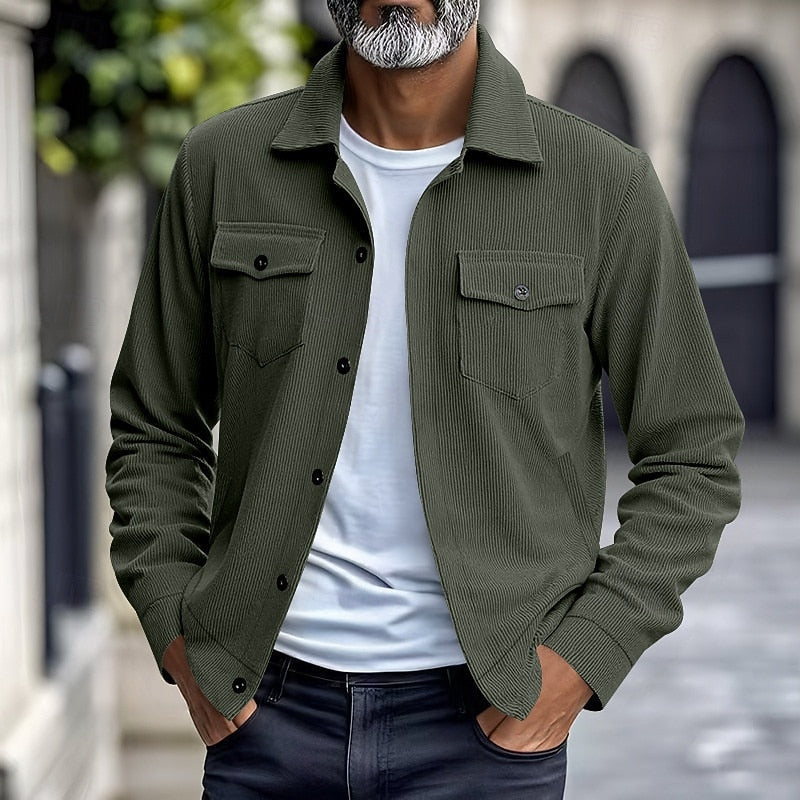 Kessoro Men's Ribbed Lapel-Collar Utility Jacket in apricot, black, army green and more colours, image 9 of 16.
