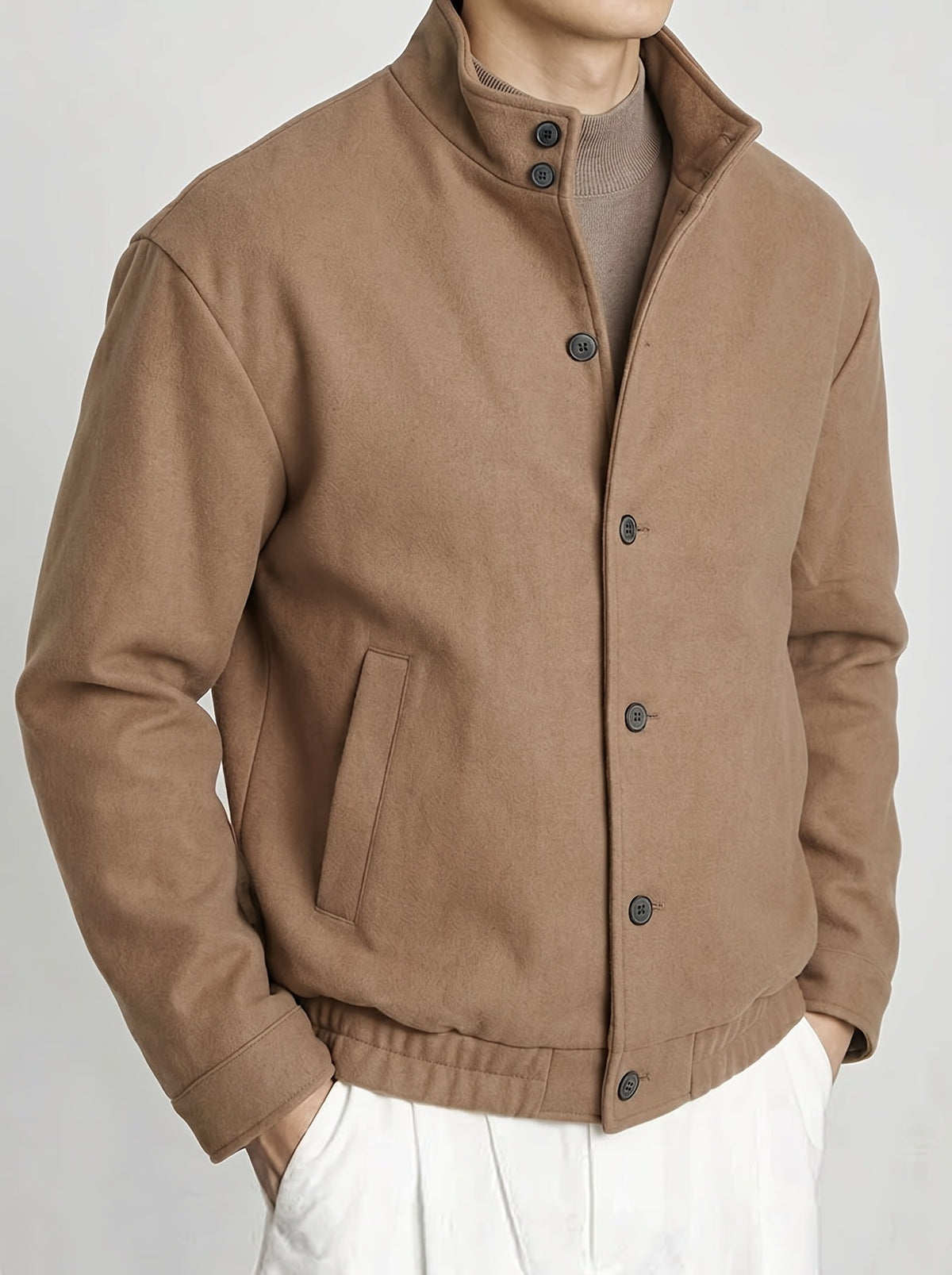 Men's refined button-front bomber jacket in a khaki colour family (view 4)