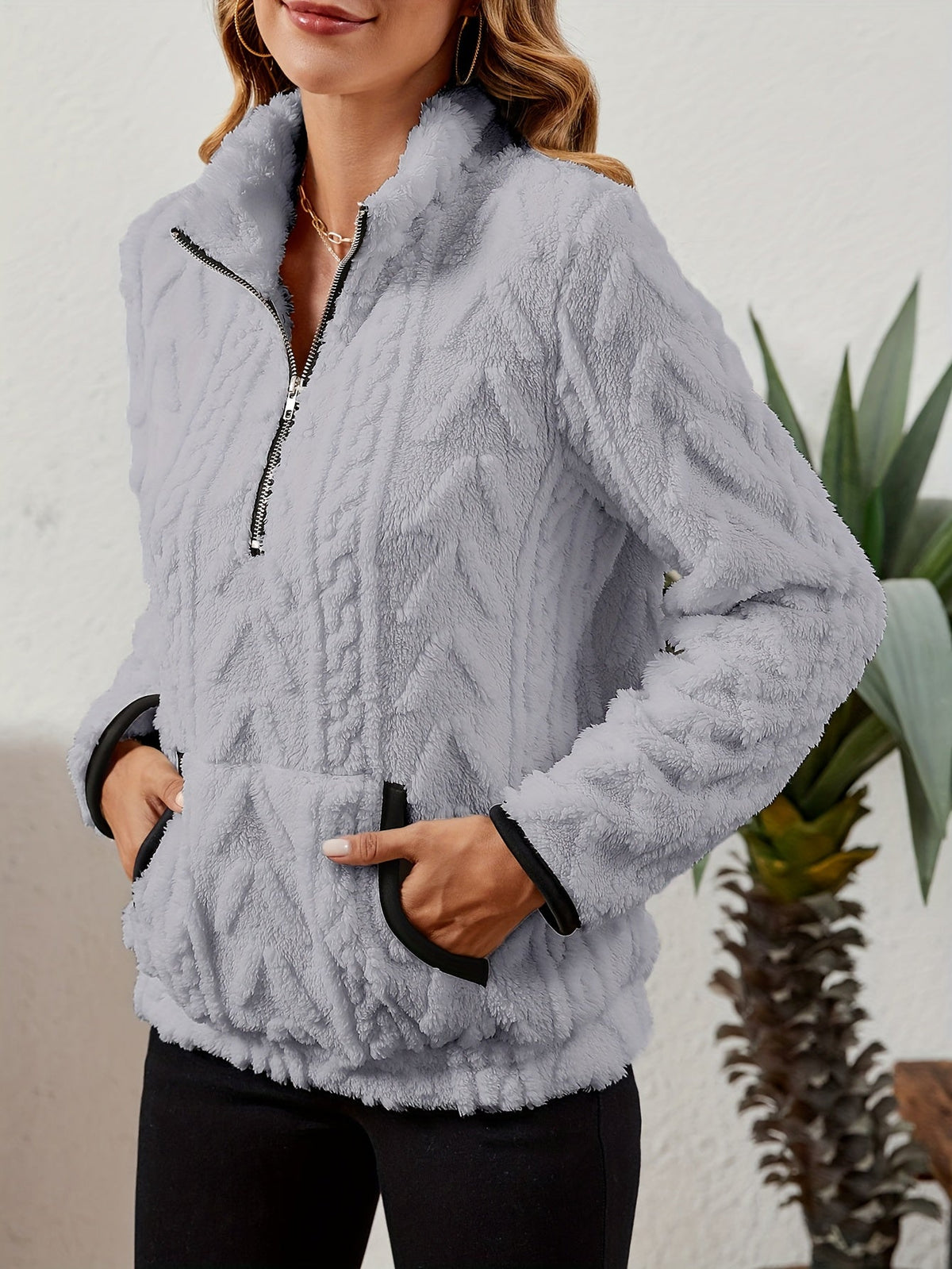 Kessoro women's plush textured half-zip pullover in burgundy, grey, pink, white, khaki, purple and blue - product view 14