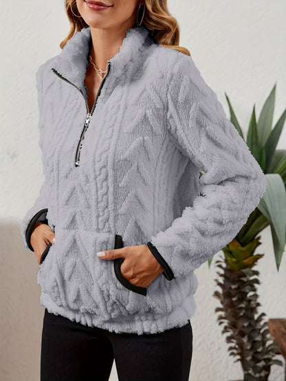 Kessoro women's plush textured half-zip pullover in burgundy, grey, pink, white, khaki, purple and blue - product view 14