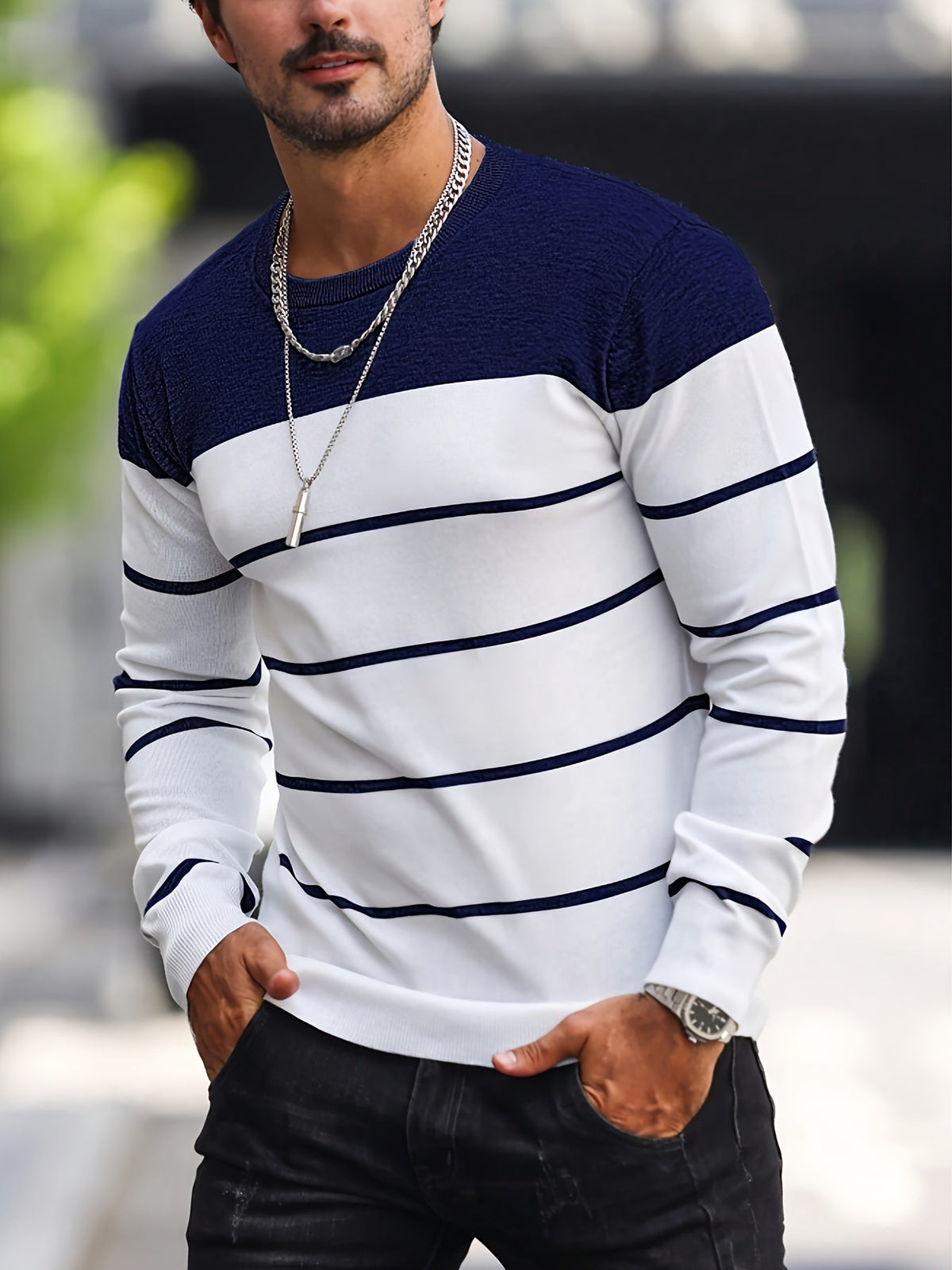 Kessoro Rust striped crew neck knit sweater for men