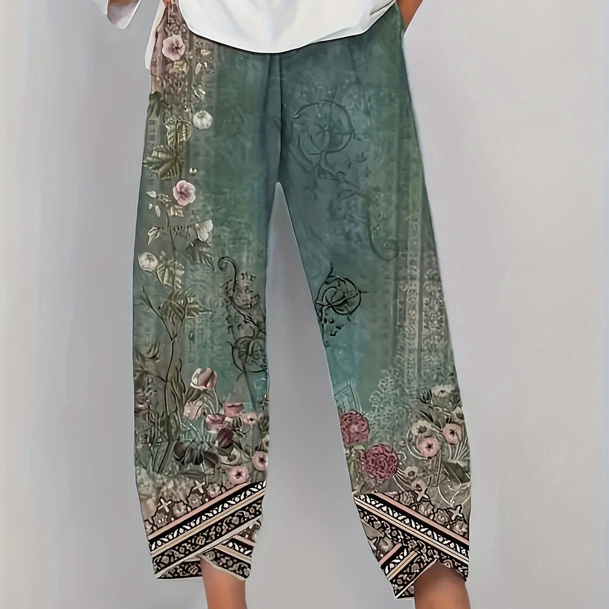 Kessoro women's botanical print elastic-waist cropped trousers in vintage plant and retro colours