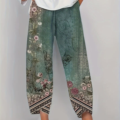Kessoro women's botanical print elastic-waist cropped trousers in vintage plant and retro colours