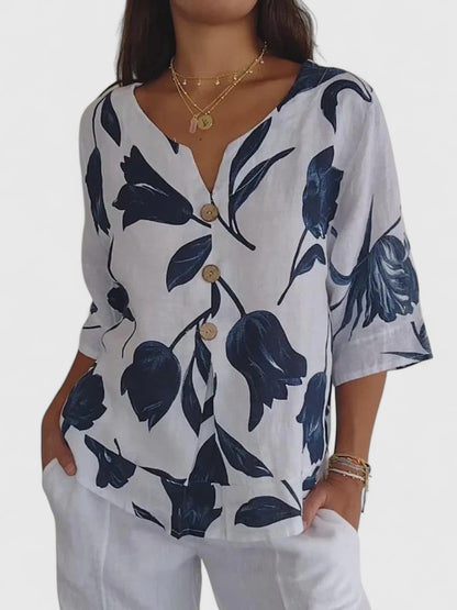 Kessoro women's relaxed floral print V-neck blouse in white, blue and pink, view 1