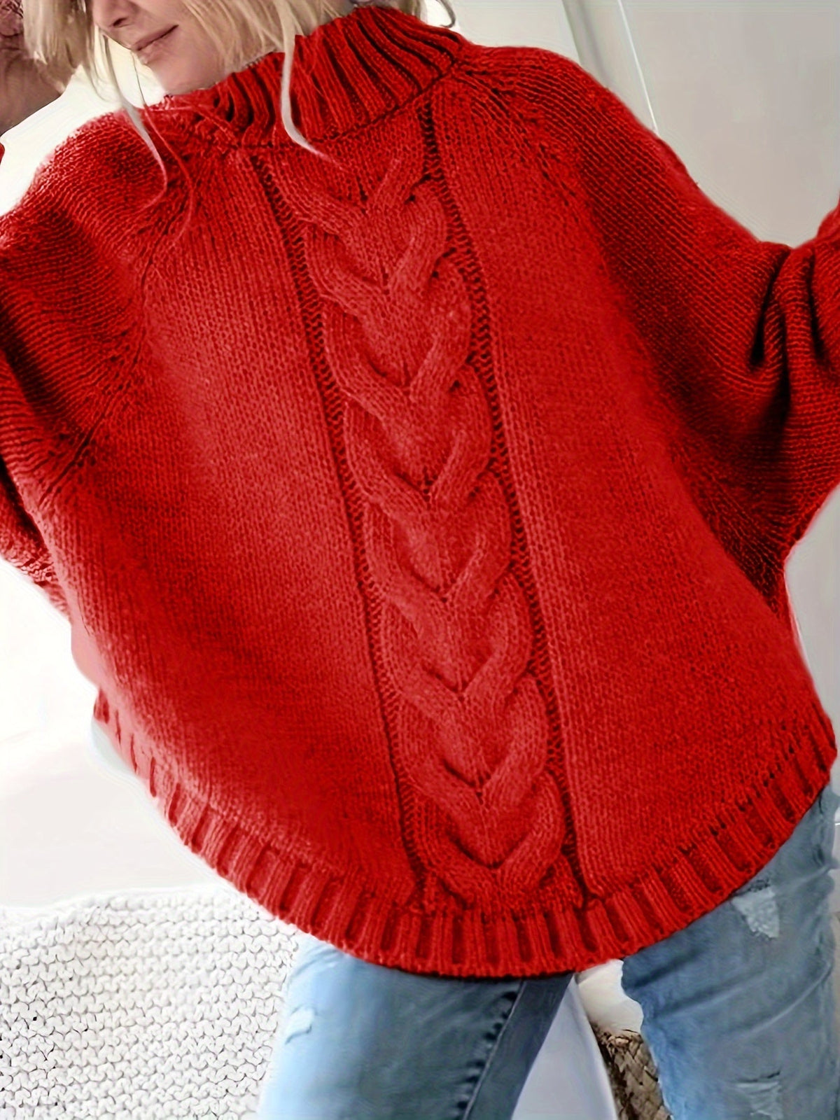 Women's cable-knit high-neck chunky sweater in a soft grey, pink and red colour family (view 9)
