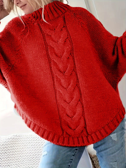 Women's cable-knit high-neck chunky sweater in a soft grey, pink and red colour family (view 9)