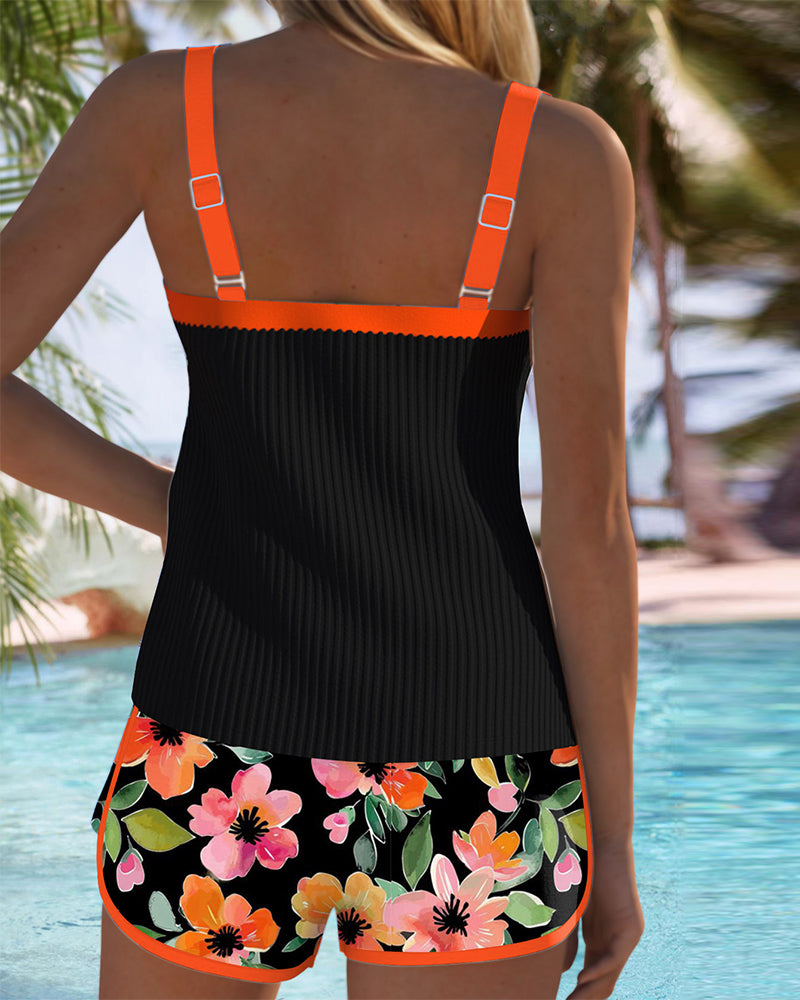 Kessoro Women's Two-Piece Tankini Top and Shorts Swim Set in orange, fuchsia, yellow and cyan/blue — styled on model