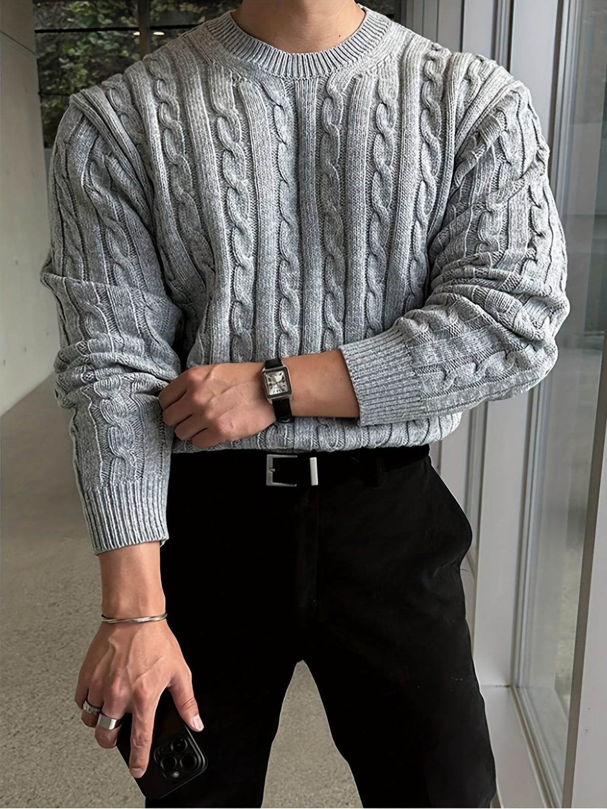 Kessoro Men's Twisted Cable-Knit Crewneck Sweater in navy and grey, image 12 of 12.