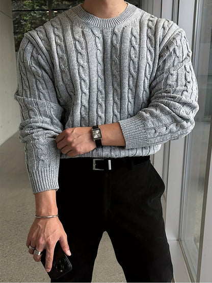 Kessoro Men's Twisted Cable-Knit Crewneck Sweater in navy and grey, image 12 of 12.