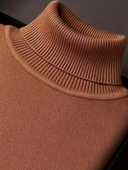 Men's refined ribbed roll-neck high-neck sweater in black, white, bronze and blue, styled view 2