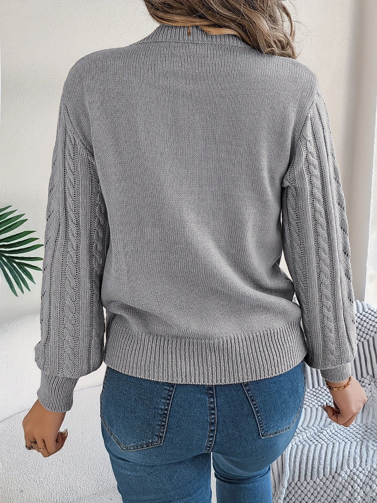 Kessoro Women's Cable-Knit Round Neck Sweater in khaki, grey and orange-red - women's apparel, view 10 of 21