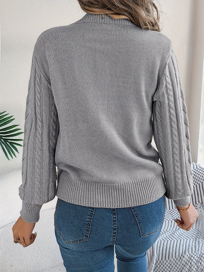 Kessoro Women's Cable-Knit Round Neck Sweater in khaki, grey and orange-red - women's apparel, view 10 of 21