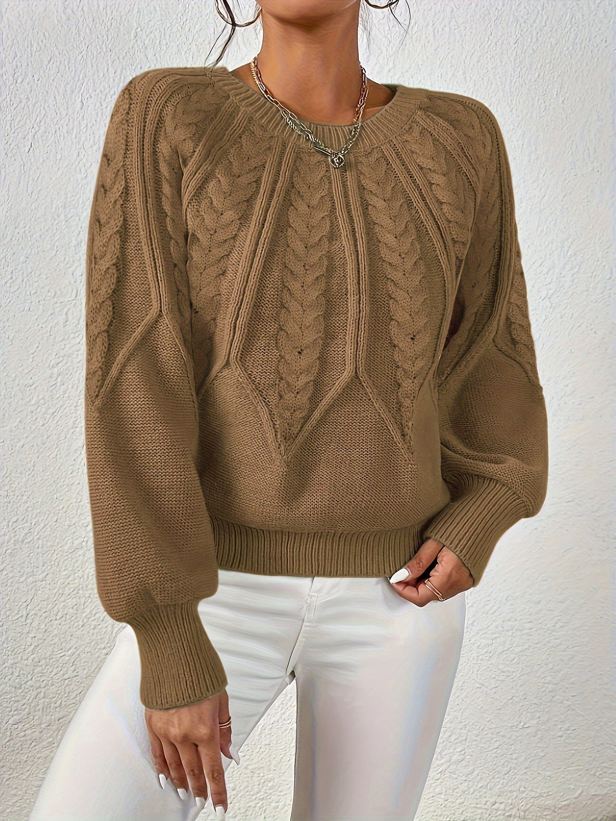 Kessoro women's relaxed cable-knit lantern-sleeve sweater in matcha, beige, burgundy, navy and camel
