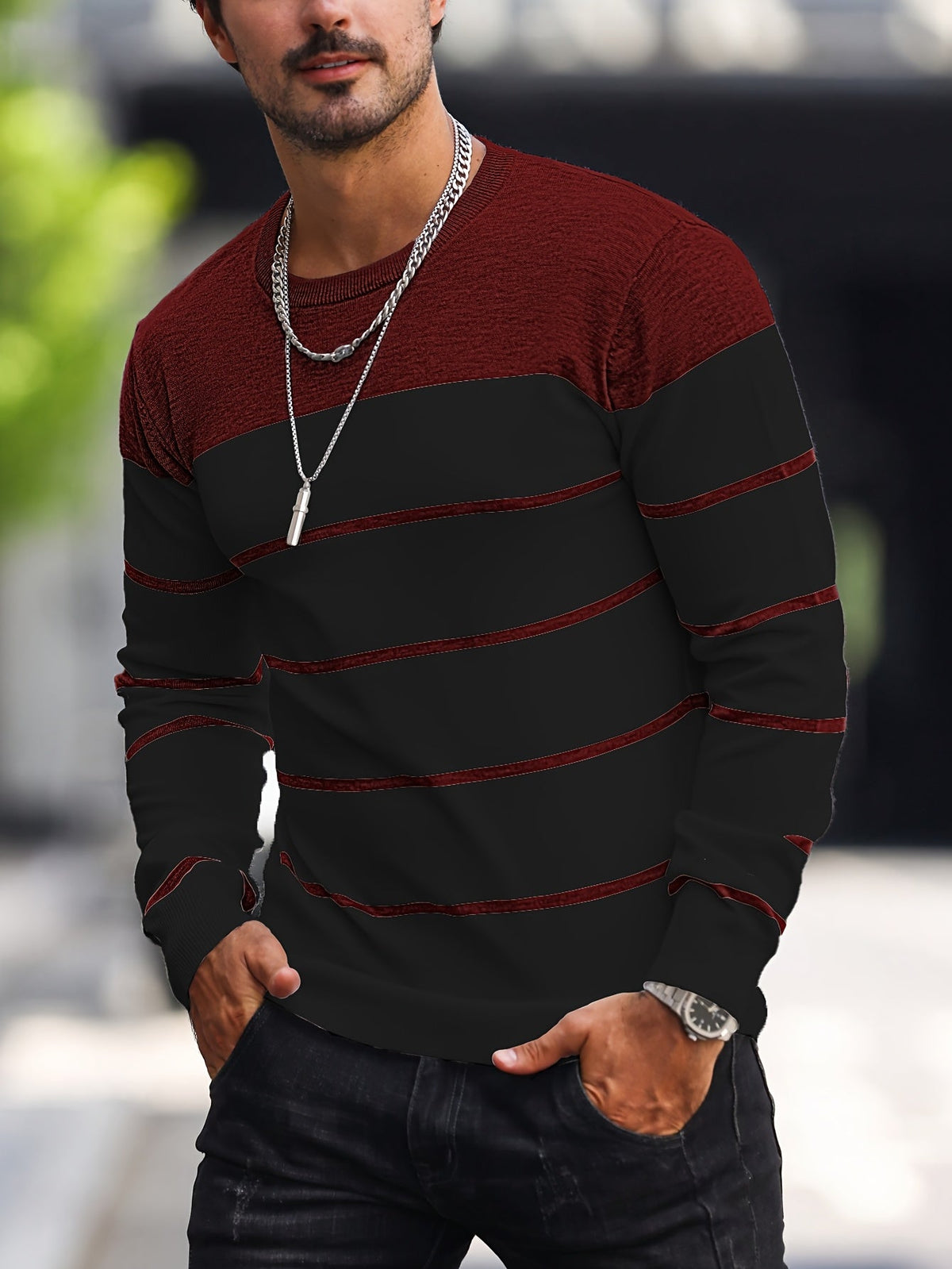 Kessoro striped crew neck knit sweater for men, detail view 20
