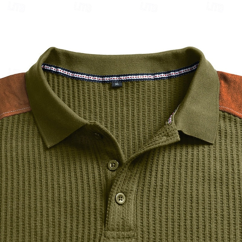Kessoro men's textured colour-block long-sleeve polo shirt in blue, green, grey and burgundy tones, view 5