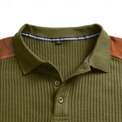 Kessoro men's textured colour-block long-sleeve polo shirt in blue, green, grey and burgundy tones, view 5