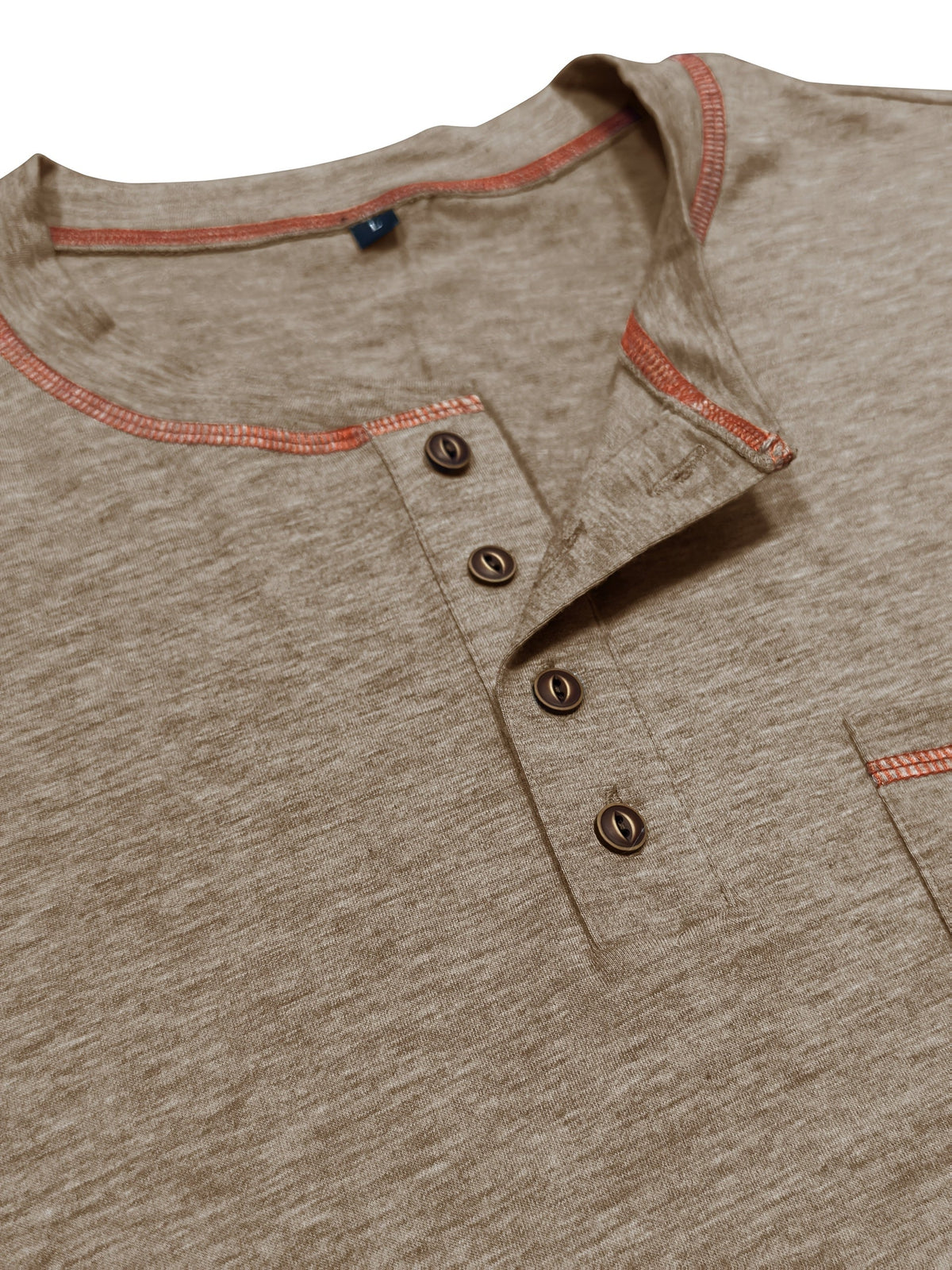 Men's contrast-stitch long sleeve henley shirt in khaki and green, close-up view