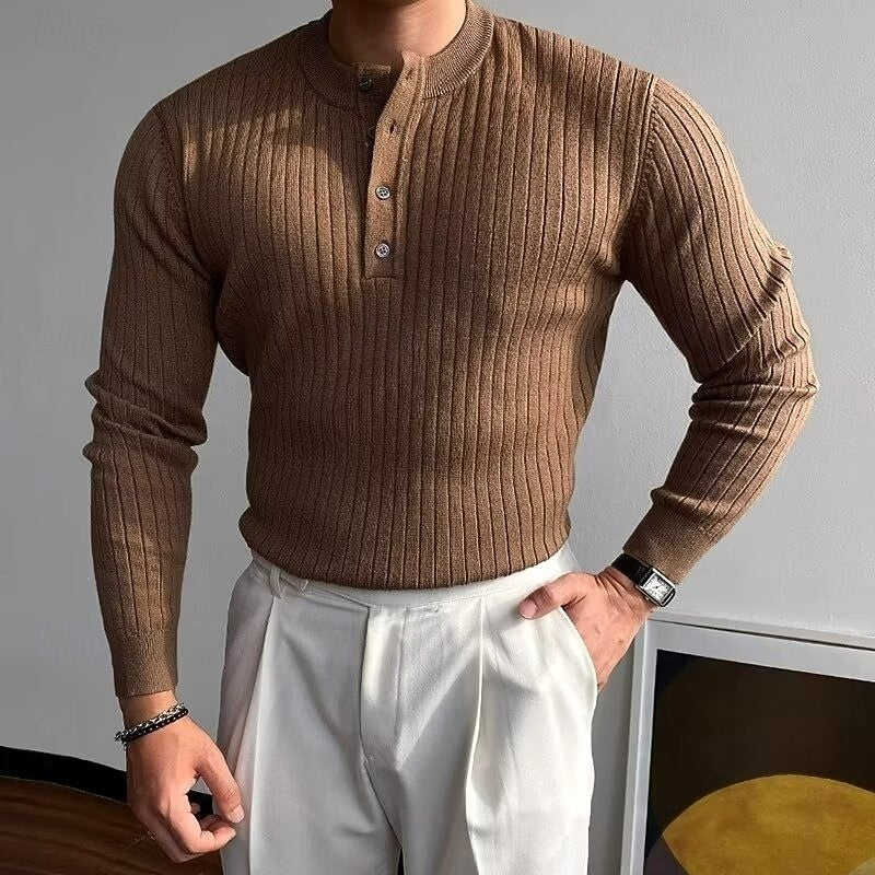 Kessoro ribbed slim-fit henley sweater for men in Brown, view 1