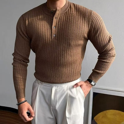 Kessoro ribbed slim-fit henley sweater for men in Brown, view 1